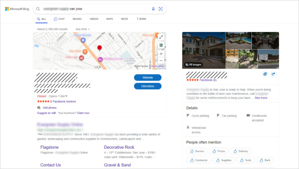 Bing places for building materials companies
