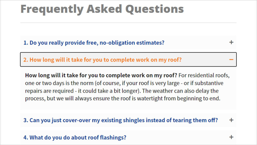 An FAQ section on a roofing company website