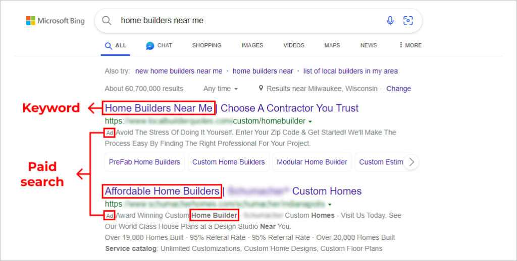 The examples of Bing ad copies
