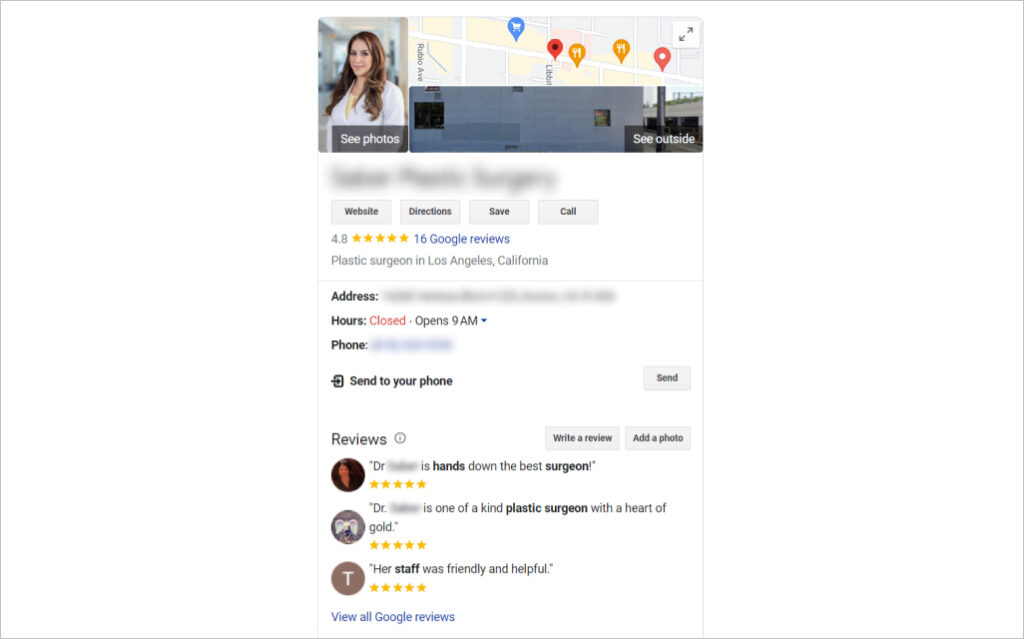 Plastic surgeon Google My Business profile