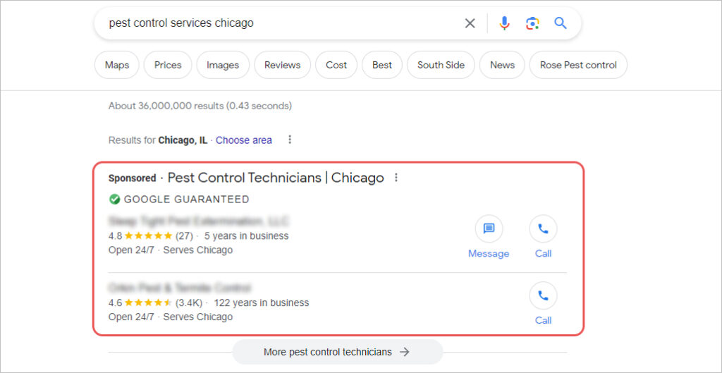 Local Service Ads for pest control companies on Google