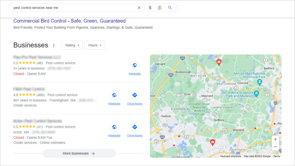 Google local 3-pack with pest control companies