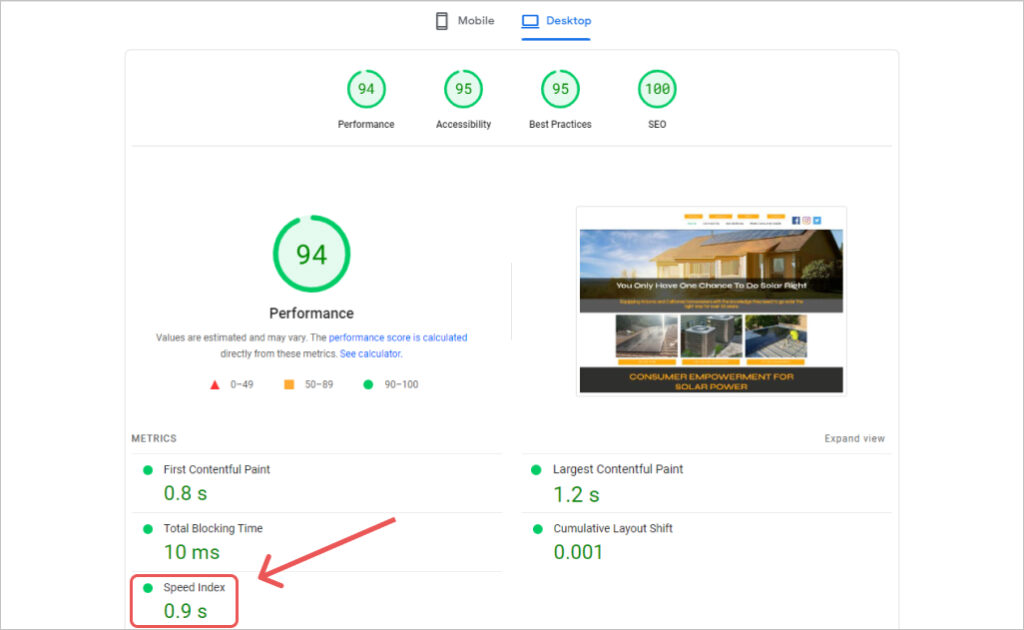 Renewable energy company website performance