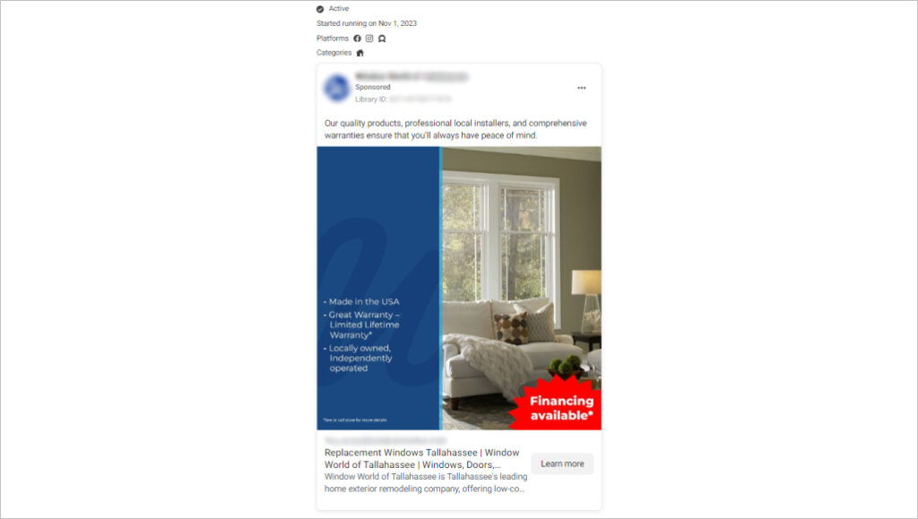 Facebook ads for door and window companies
